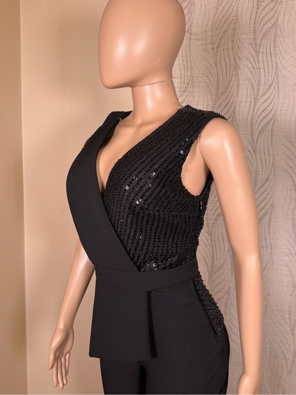 Black Sequin Wrap-Front Evening Dress